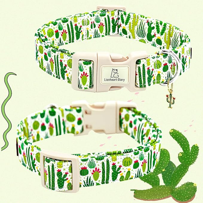 Lionheart glory Dog Collar Green Cactus Print Collar for X-Small Dogs Spring Summer Female or Male Collars Pet Gift Adjustable Heavy-Duty Cute Puppy Collars
