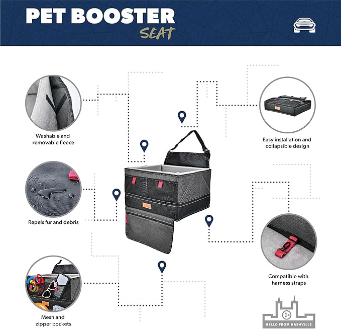 Pet Booster Seat - Premium Quality Safety Car Seat for Dogs Under 24 lbs - Easy and Comfortable Solution for Safely Transporting Your Pet in The Car - Fits Most Standard Vehicles