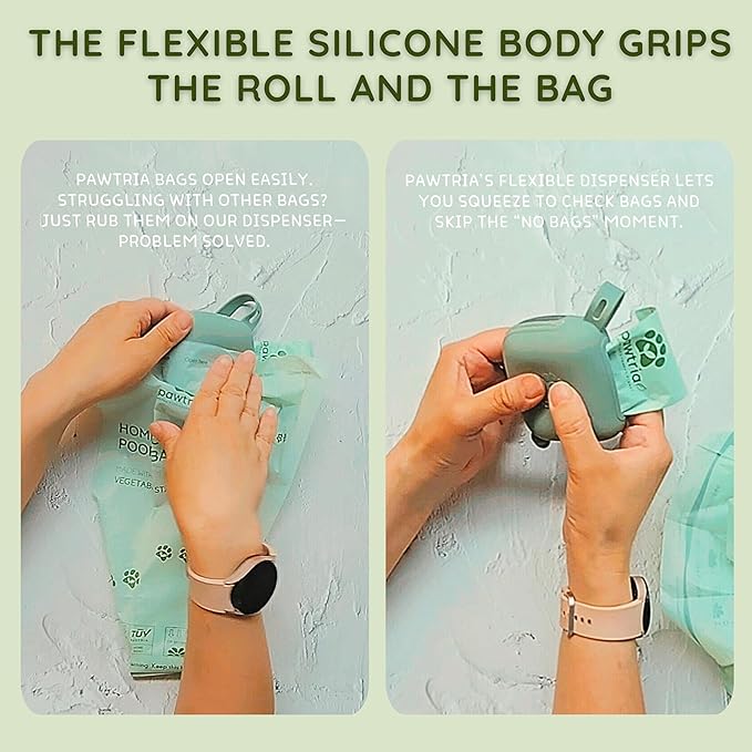 Premium Silicone Dog Walking Duo Set – BPA-Free Silicone Poop Bag Holder + Small Treat Pouch – Zero Plastic, Durable, Dishwasher Safe, with 1 Roll of Pawtria Dog Poop Bags – Green