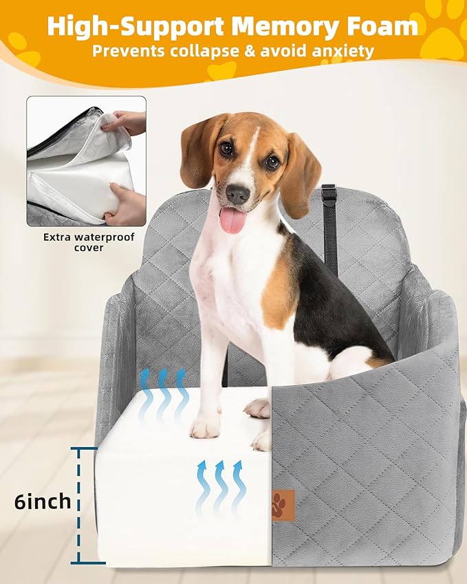 Car Seat Booster for Dog: High-Support Memory Foam Pet Car Seat for Small/Medium Dogs Under 35lbs with Elevated Cushion - Detachable Washable Puppy Travel Bed for Driving with Pockets