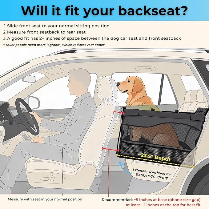 Dog Car Seat for Large Medium Dogs | Waterproof Dog Seat Cover for Back Seat with Hard Bottom | Alloy Twist-Lock Rods | 3 Mesh Windows | Removable Fleece Mat | Cars, SUVs, Trucks