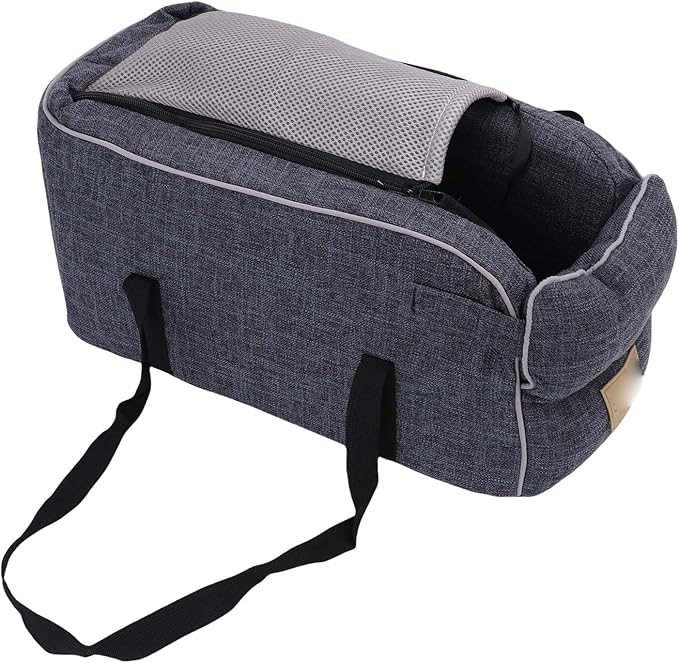 Focket Dog Car Seat, Fits Most Car Linen Fabric Safety Leash Attachment Portable Handle Design Console Dog Seat, Portable Bed with Mat for Travel Camping