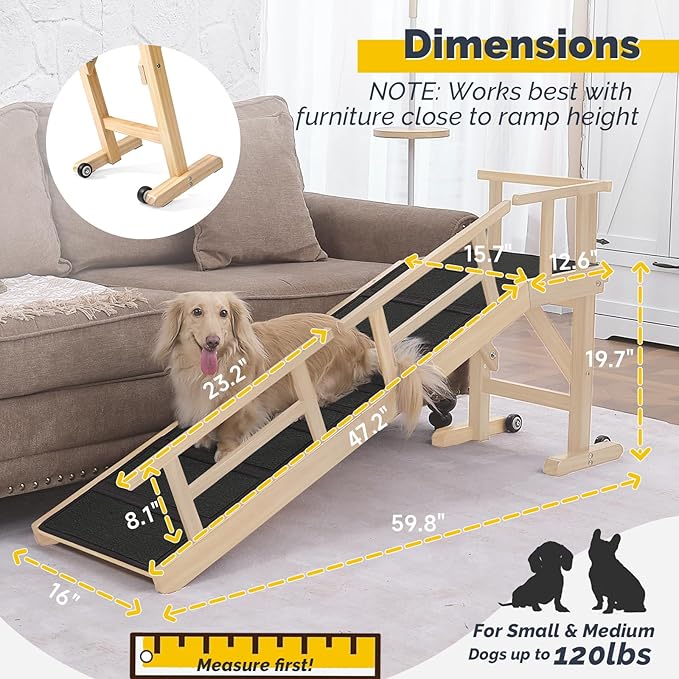 Dog Ramp for Bed or Couch, Wooden Pet Ramp with 20° Gentle Slope, Removable Side Rails, Non-Slip Surface, Top Platform & Wheels, Safe Bed Ramp for Small, Medium & Senior Dogs, 60" Long, Natural