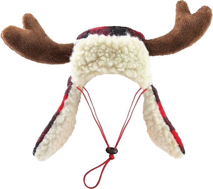 Huxley & Kent Pet Hat | Antler Buffalo Check (Medium) | Festive Christmas Holiday Accessory for Dogs/Cats | Holiday Pet Hat | SnugFit Sliding Toggles for Best Fit