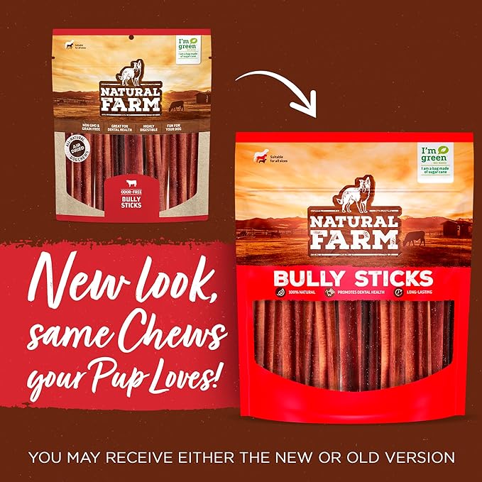 Natural Farm Bully Sticks, Odor-Free (12 Inch, 5 Count), 8.8 Oz. Per Bag, 100% Beef Chews, Grass-Fed, Non-GMO, Fully Digestible Dental Treats to Keep Your Small and Medium Dogs Busy and Happy