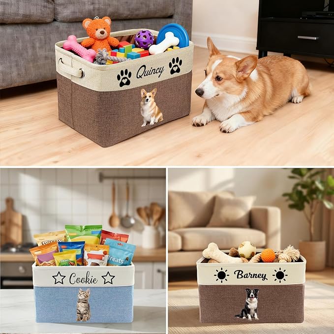 Personalized Dog Toy Basket with Name Photo Custom Cat Storage Organizer Box Collapsible Pet Chest Bins Customized for Toys Clothing-Purple