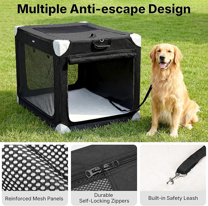 Veehoo Large Dog Crate for Indoor Outdoor, Portable Collapsible Travel Dogs Crate, 42 Inch Soft Foldable Pet Kennel with 4-Door Mesh Windows