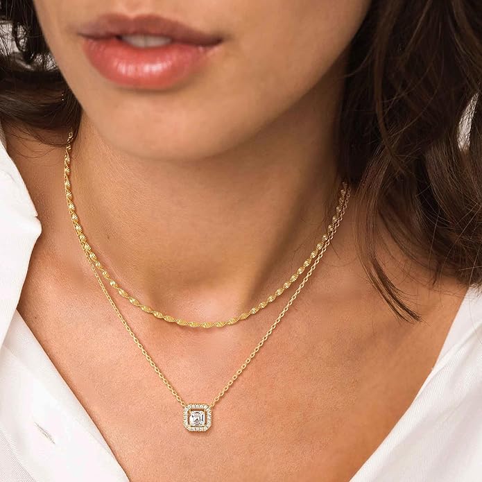 TONTMY STUDIOS Layered Gold Necklace for Women 14K Gold Plated Small Dainty CZ Pendant Layering Gold Necklaces Set Simple Chain Choker Necklace Trendy Jewelry for Women Gifts