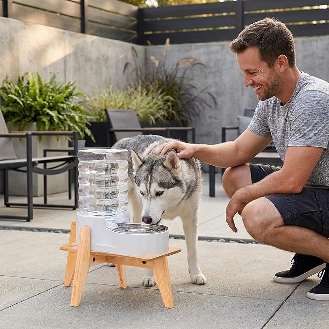 Dog Water/Food Dispenser Stand for Large Dogs - Use to Raise Dog Water and Food Bowl Feeder Dispensers - Adaptable Size Fits Various Sizes and Shapes - Slanted Feet Resist Tip-Over - Bamboo