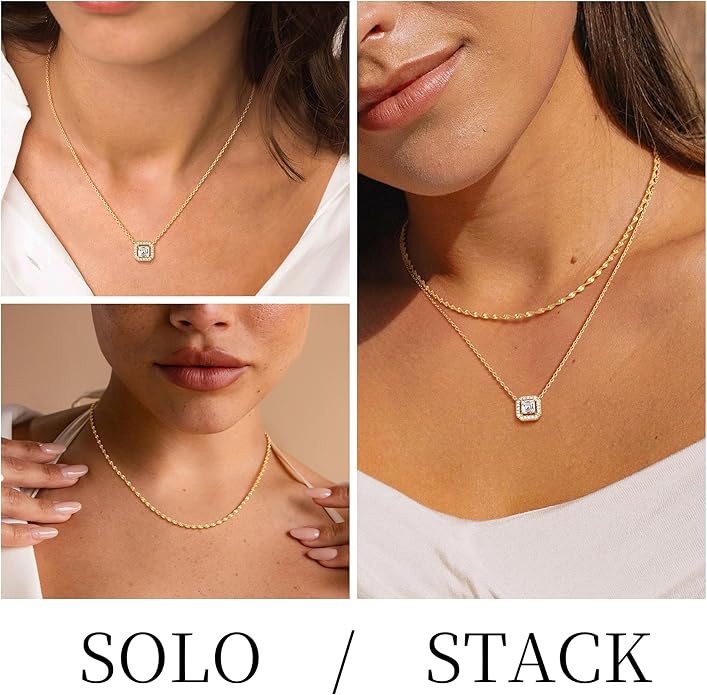 TONTMY STUDIOS Layered Gold Necklace for Women 14K Gold Plated Small Dainty CZ Pendant Layering Gold Necklaces Set Simple Chain Choker Necklace Trendy Jewelry for Women Gifts