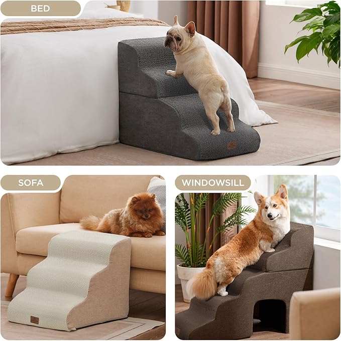Joydeco Dog Stairs for Bed 17.1" H, 3-Step Pet Steps for Small Dogs and Cats, Dog Steps for High Bed, Non-Slip Balanced Ramp Indoor Pet Stairs, Gray