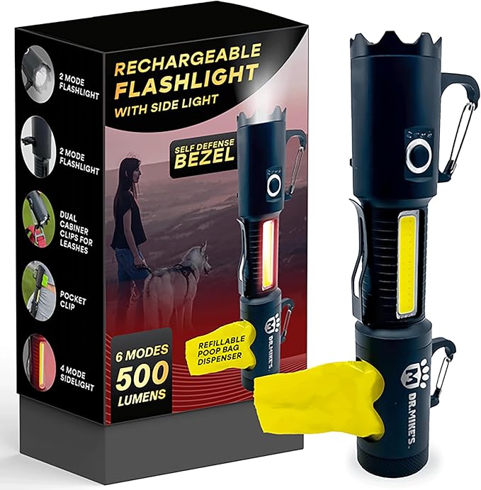 Dr. Mike's Doggie Doo All Rechargeable Flashlight with Poop Bag Dispenser, 6 Mode High Lumen Heavy Duty Flashlight with Sidelight, Self Defense Clip On Flashlight for Dog Leash with Waste Bags