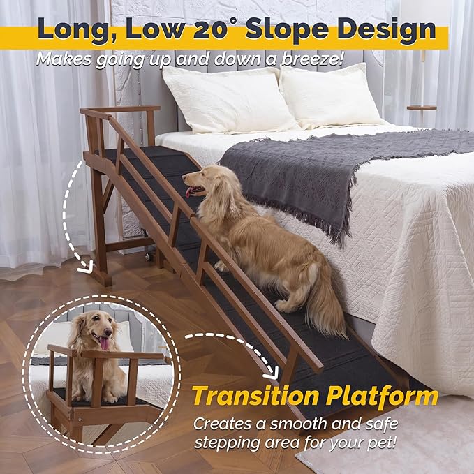 Dog Ramp for Bed or Couch, Wooden Pet Ramp with 20° Gentle Slope, Removable Side Rails, Non-Slip Surface, Top Platform & Wheels, Safe Bed Ramp for Small, Medium & Senior Dogs, 74" Long, Walnut