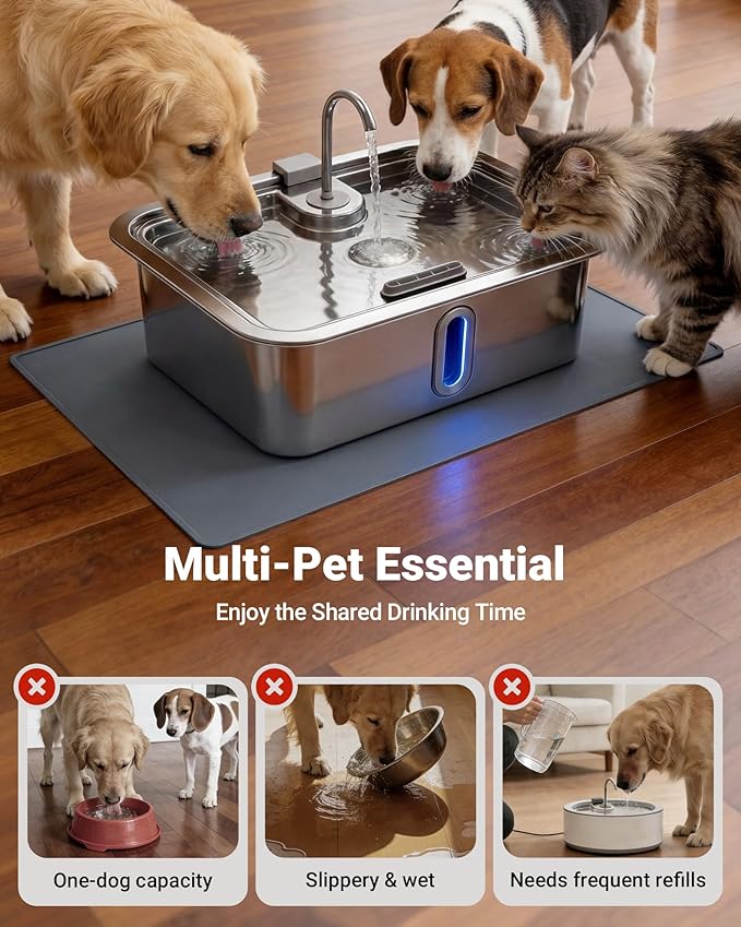 15L Dog Water Fountain with Silicone Pet Feeding Mat & 3 Filters, Automatic Large Capacity Stainless Steel Pet Fountain with Low Water Alert and Quiet Pump for Dogs Cats