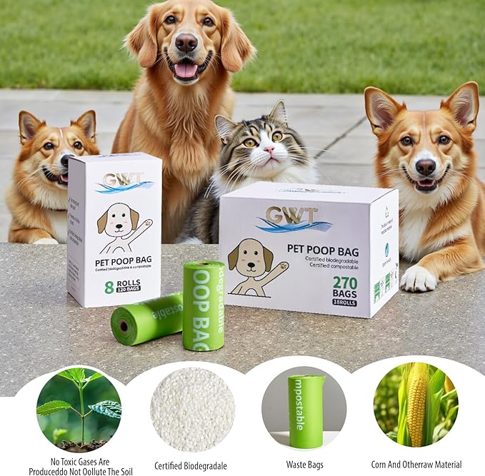 GWT Dog Poop Bags Biodegradable 100% Certified Home Compostable 120 Counts 9"x13" Pet Waste Bags- ASTM D6400 & EN 13432 Compliant -Plant Based Poop Bags for Pet Cat Dog Doggie (8 Rolls)