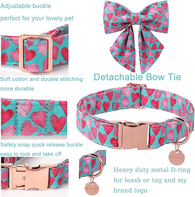 Valentine’s Day Dog Collar with Bow Tie, Pink Heart Bowtie Collar with Metal Buckle, Valentine’s Day Gift Pet Collar for Puppy Girl Boy Dog or Cat, Wedding Dog Collar, M, Neck 13.5-22in
