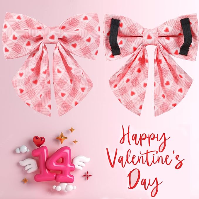Valentine Dog Collar with Bow Tie, Medium Girl Dog, Cotton with Metal Buckle, Valentine's Day Gift, M, 13.5-22in, Pink Plaid
