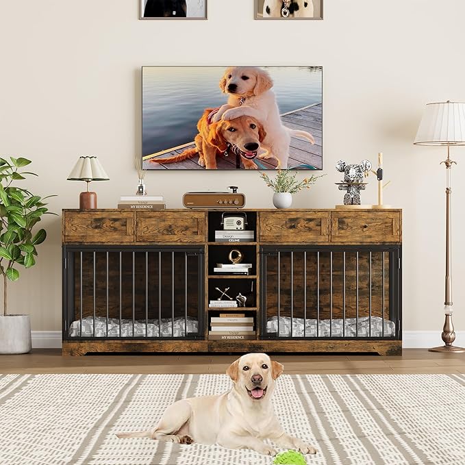 IDEALHOUSE 82" Large Dog Crate for 2 Dogs, Dog Kennel Indoor with 4 Drawers and Shelves, Double Dog Crate Furniture TV Stand, Wooden Dog Cage for Medium Large Dogs, Brown