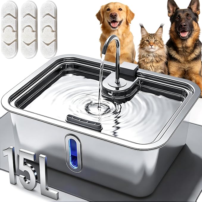 15L Automatic Water Dispenser for Dogs and Cats, Includes Pet Feeding Mat & 3 Filters, Stainless Steel Dog Water Fountain with Low Water Warning Indicator, Low-Noise Pump