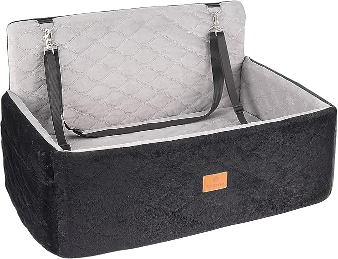 Dog Car Seat for Small/Medium Dog/Cat up to 60 lbs Memory Foam Pet Booster Seat with Detachable Washable Cover Travel-Safe Car Bed with Safety Belt/Storage Pockets Easy to Install