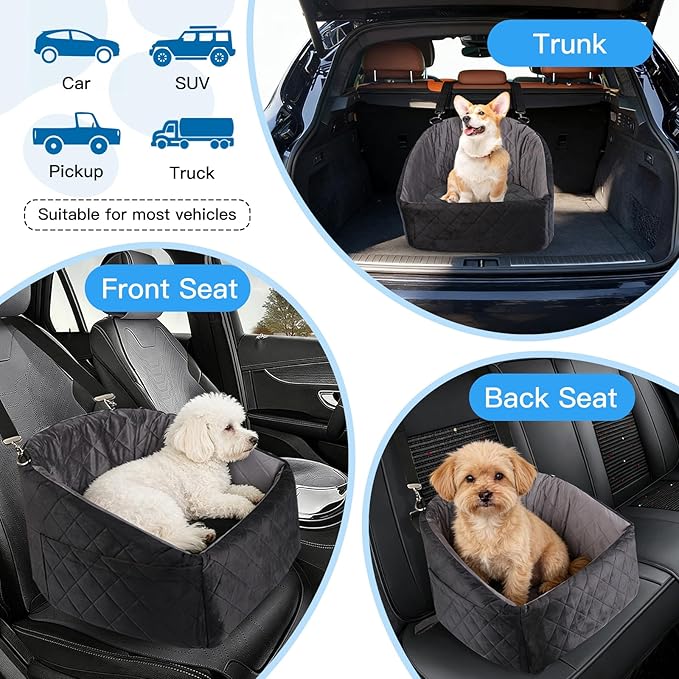 Dog Car Seat for Small & Medium Dogs up to 35 lbs, Pet Booster Seat with Removable Washable Cover, Soft Plush, Safety Leash, Non-Slip Bottom