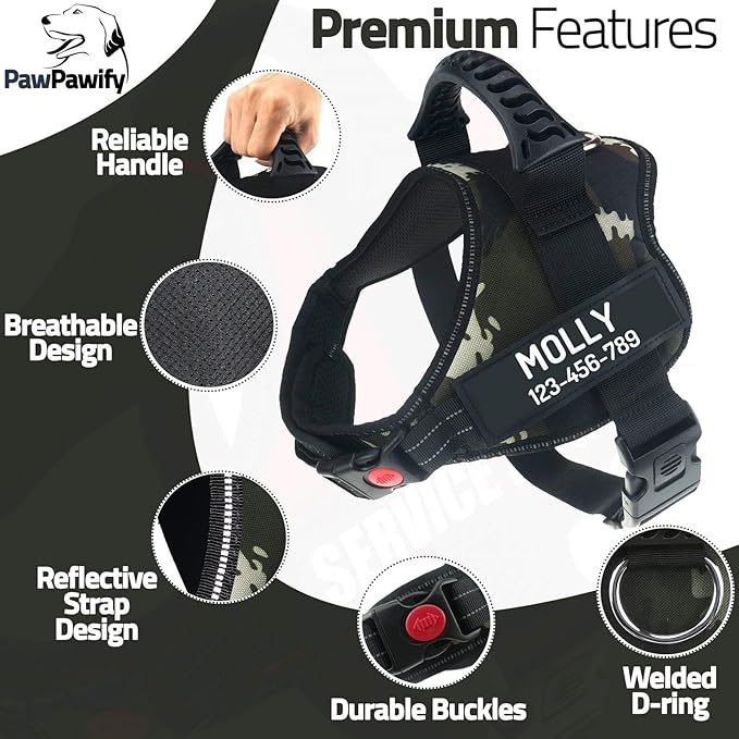 Personalized No Pull Dog Harness with Custom Name and Phone Number by PawPawify, Heavy Duty Pet Vest to Prevent Tugging, Pulling, or Choking, Training and Walking Jungle Camo