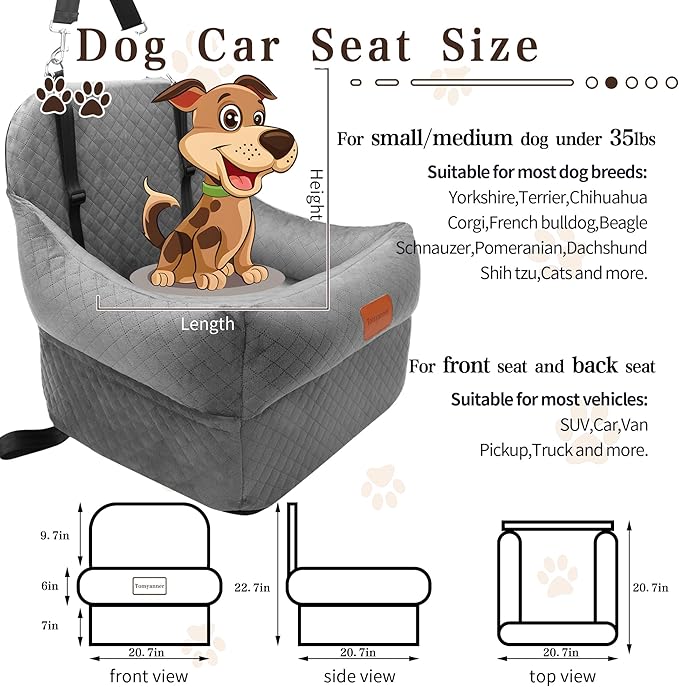 Dog Booster Car Seat with 7 Inches of Interior Height,Elevated Pet Car Seats for Small/Medium Sized Dogs,Puppy Portable Carseat,Washable Removable Cover Travel Safety Seat,Easy to Use(H-Grey)