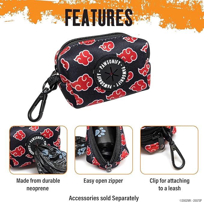 Akatsuki Dog Poop Bag Holder for Leash + 2 Bag Rolls: Officially Licensed Naruto Akatsuki Cloak Inspired Black & Red Clip on Dog Bag Holder Leash Attachment Dog Poop Bag Dispenser & Doggie Waste Bags