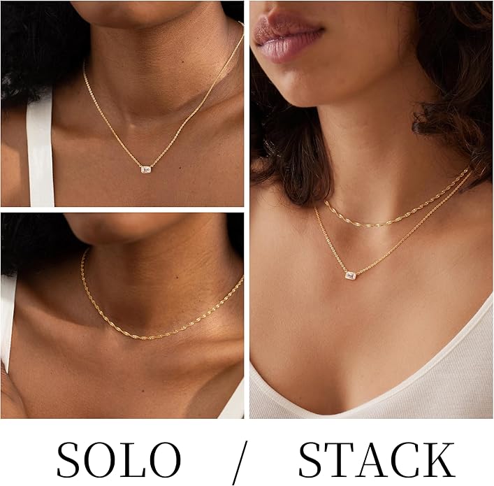 TONTMY STUDIOS Layered Gold Necklace for Women 14K Gold Plated Small Dainty CZ Pendant Layering Gold Necklaces Set Simple Chain Choker Necklace Trendy Jewelry for Women Gifts