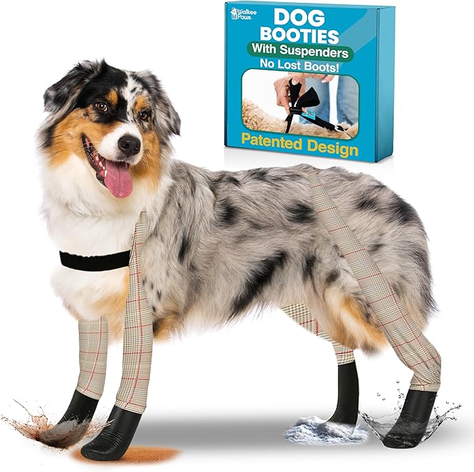Updated Version - 100% Waterproof Dog Boots with Leggings – Stay-On Paw Protectors with Chest Strap for Rain & Snow, Anti-Slip Traction, Adjustable Fit, Machine Washable (Beige Plaid, S/M)