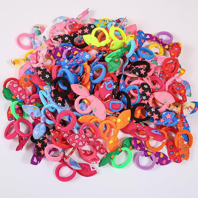 XIMA Dog Hair Accessories Set, 100 Pieces Colorful Rabbit Ear Hair Ties with Elastic Bands, Pet Grooming Bows for Dogs