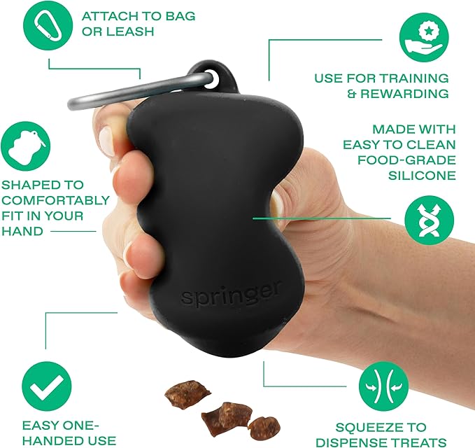 Springer Dog Treat Pouch for Effort-Free Squeeze Dispensing - Easy-fill, Food-Grade Silicone Treat Pouches for Pet Training - Includes Carabiner-Black