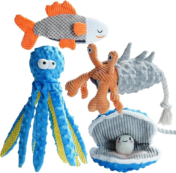 Nocciola 4 Packs Crinkle Squeaky Dog Toys for Aggressive Chewers, Tough Durable Stuffed Plush Rope Tug Puppy Chew Toy for Small Medium Large Breeds, Dog Stocking Stuffers Holiday Birthday Pet Gifts