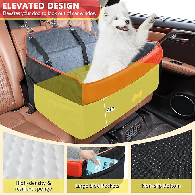 PetsHome Dog Car Seat for Medium Large Dogs, Detachable Washable Dog Booster Seat with Memory Foam Cushion, Side Pockets, 2 Clip-On Safety Leashes Pet Car Seat for Dogs Up to 60 lbs-Black