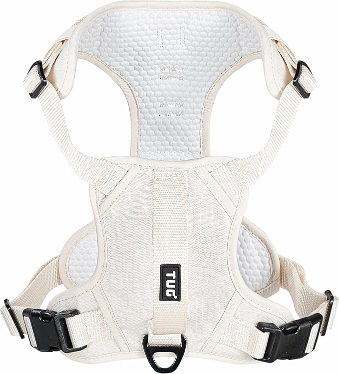 TUG Dog Harness with 2 Leash Connection Points | Adjustable, Padded, Lightweight | Handle on Back | No-Pull Front Clip (XL, Cream)