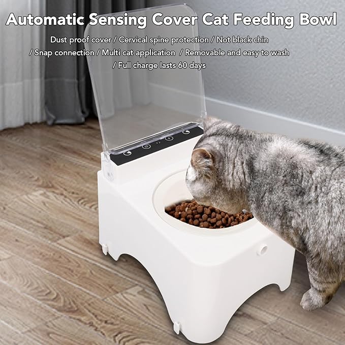 Automatic Cat Feeder, Induction Lid Opening Smart Dog Cat Bowl Prevent Food Pollution Pet Food Dispenser, Cat Automatic Sensing Feeder with Transparent Lid, Cat Food Dispenser