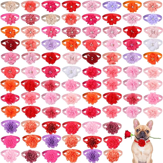 Reginary 100 Pcs Valentine's Day Dog Collar Flowers Bulk Flowers Pet Bows Floral Cat Accessory Adjustable Nylon Multicolor Pet Bowties Floral Collar for Small Pets(Romantic Color)