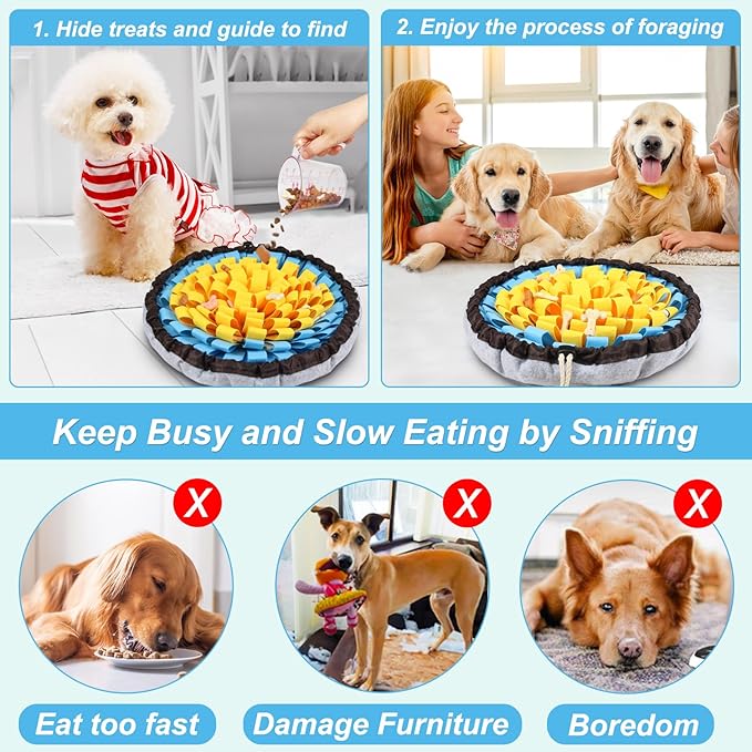 Vivifying Snuffle Mat for Dogs, Adjustable Sniff Mat for Slow Eating and Keep Busy, Interactive Enrichment Toys for Dogs for Mental Stimulation (Yellow&Blue)