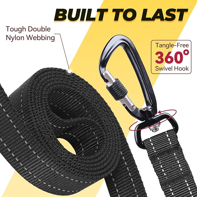 VIVAGLORY Dog Leash Lighthook Double Handle Dog Leash with Traffic Handle & Locking Carabiner for Walking & Training, Traffic Control Lightweight Carabiner for Puppy Pet, 5ft x 1in, Black
