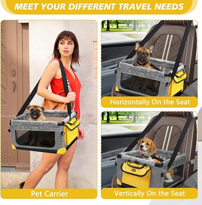 Dog Car Seat for Small Pets Up to 20 lbs, with Storage Pocket and Dual Clip-On Safety Leash, Foldable and Washable Design