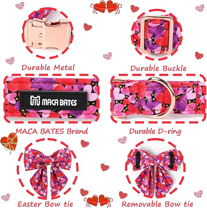 Maca Bates Valentine's Day Dog Collar with Sailor Bow for Extra Large Girl Boy Dogs,Tiedyed Love Hearts Pattern,Adjustable Durable Soft Valentine Gift for Female Male Puppy