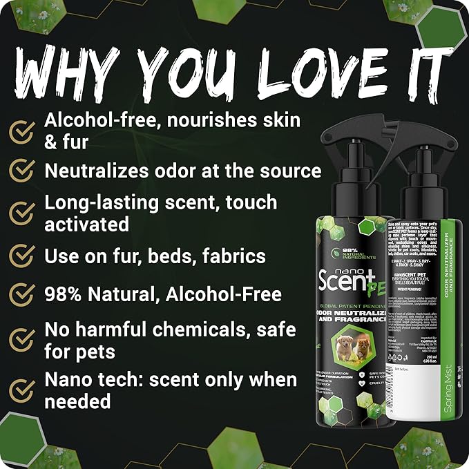 PET Odor Neutralizing Pet Freshening Spray, Nano-Activated, 98% Natural, Alcohol-Free Grooming Spray for Dogs, Cats & Fabrics, Long-Lasting Touch-Release Fragrance - Spring Mist (50mL)