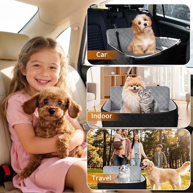 Dog Car Seat for Large Dogs Up to 55 lbs, Pet Booster Seat with Memory Foam, Non-Slip Washable Dog Car Bed with 2 Safety Leashes & Storage Pockets for SUV & Sedan