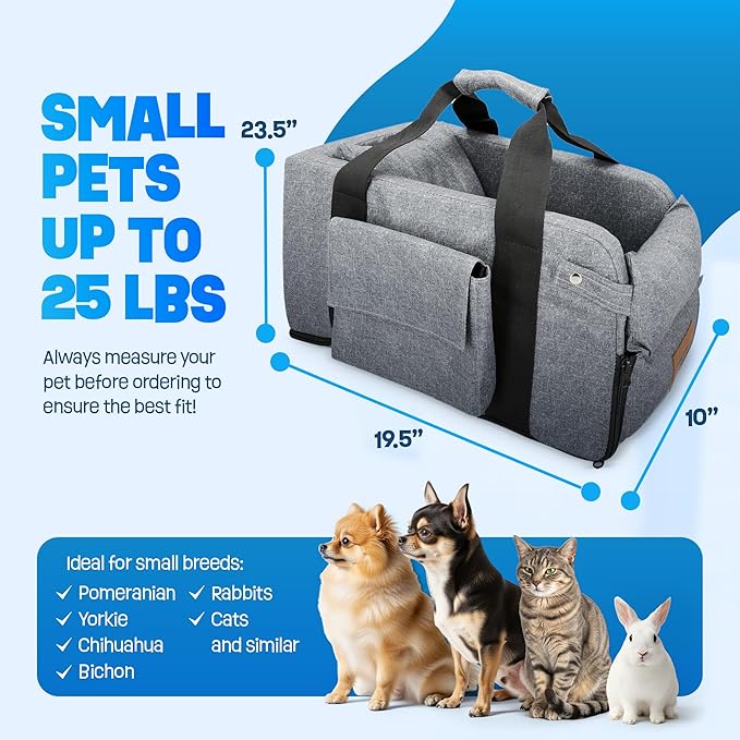 Center Console Dog Car Seat for Small Dogs & Puppies - Travel Carrier for Console with Built-in Safety Leash, Foldable Design, Dual-Sided Cushion, Puppy Booster & Bonus Blue Chew Toy (Gray)