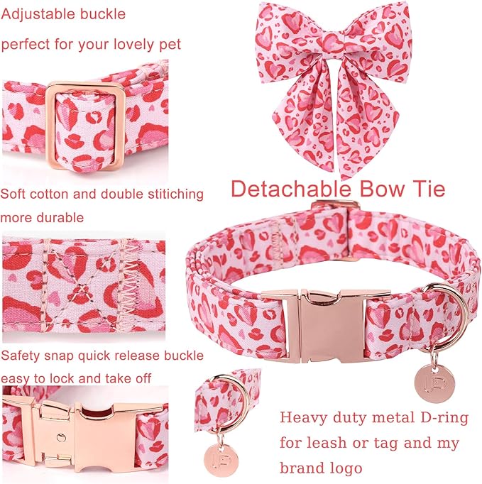 Valentine’s Day Dog Collar with Bow Tie, Pink Heart Bowtie Collar with Metal Buckle, Valentine’s Day Gift Pet Collar for Puppy Girl Boy Dog or Cat, Wedding Dog Collar,XL, Neck 16-26in