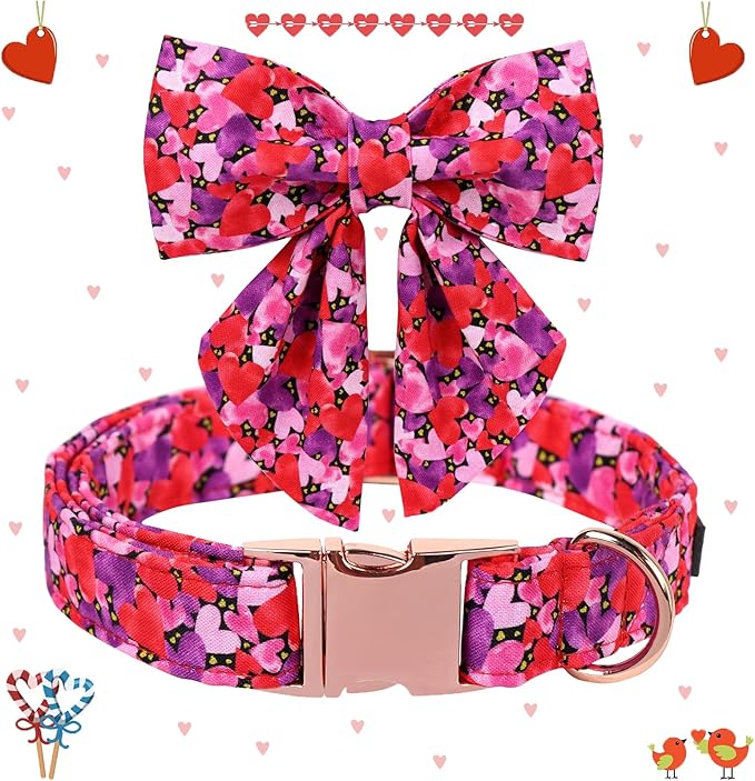 Maca Bates Valentine's Day Dog Collar with Sailor Bow for Extra Large Girl Boy Dogs,Tiedyed Love Hearts Pattern,Adjustable Durable Soft Valentine Gift for Female Male Puppy