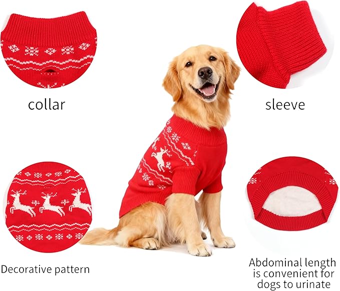 Christmas Small/Medium Dog Sweater, Warm Dog Winter Coat w/Sleeves & Leash Hole, Comfy Stretch Premium Dog Clothes for Golden Retriever-Best for Holidays, Daily Walks XXL Red
