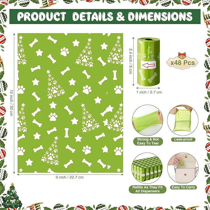 Tenceur 48 Rolls Green Dog Poop Bags Bulk 720 Count 9"x12" Cute Leak Proof Doggy Poop Bags Fit Most Dispenser Extra Thick Strong Unscented for Pet Waste Gift for Dog Cat Pet Breeder