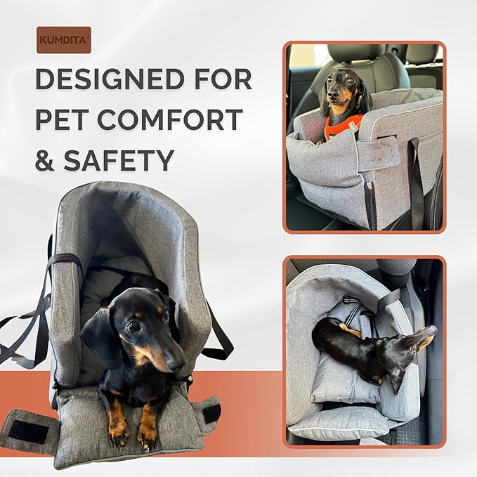 Kumdita' Center Console Car Seat & Carrier for Small Dogs & Cats with Dual Over-Seat Straps, Sewn-in Safety Leash & PE Board Base (Grey)