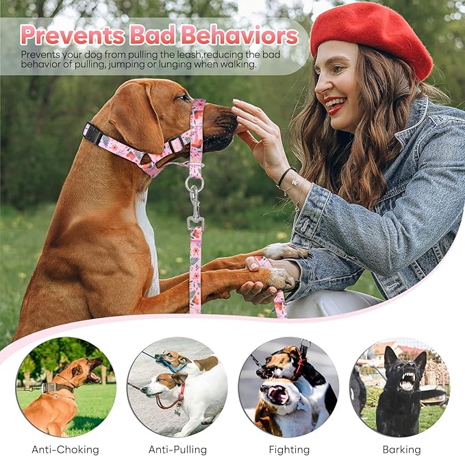 Dog Head Collar, Printed No-Pull Headcollar, Adjustable Dog Head Halter Gentle Lead with Safety Link, 3 Colors Muzzle Leash for Small Medium Large X-Large Dogs Easy Walks (XLarge, Mimosa)